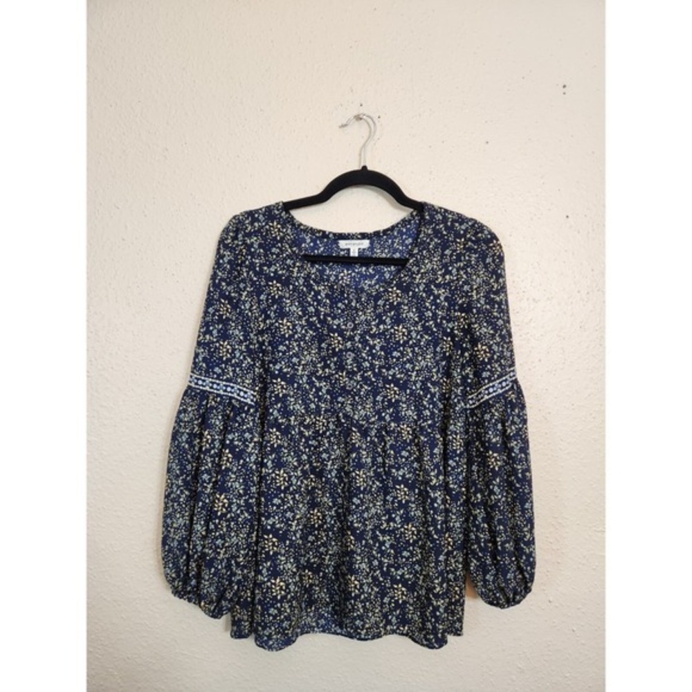 Max Studio Womens Blue Floral Half Button Round Neck Long Sleeve Blouse Sz Small